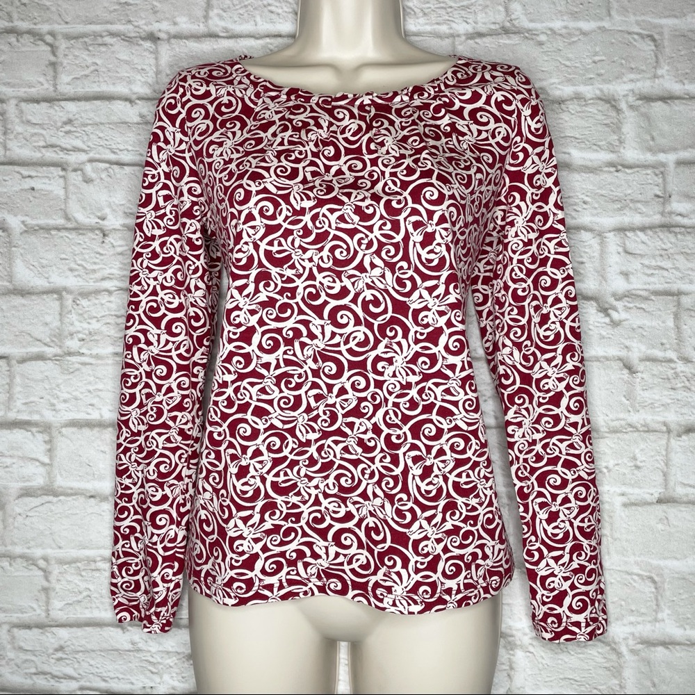 Talbots Long Sleeve Top Women's Petite PP Red White Bows Print Stretch Comfort